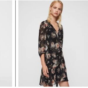 ALL SAINTS Jade Eden floral wrap mini dress size medium black long sleeve